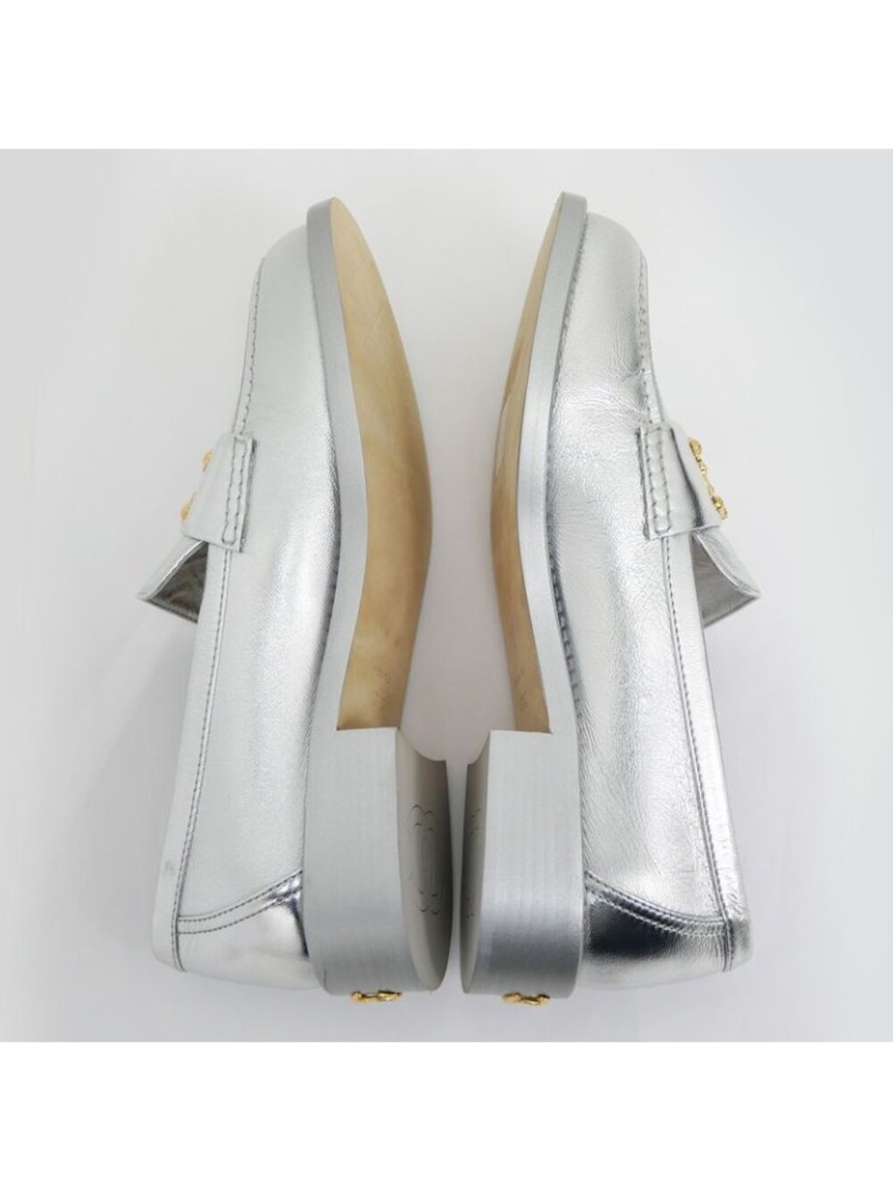 Chanel CC Logo Leather Loafers Silver Gold Hardware 37 1 2 - Picture 7 of 10